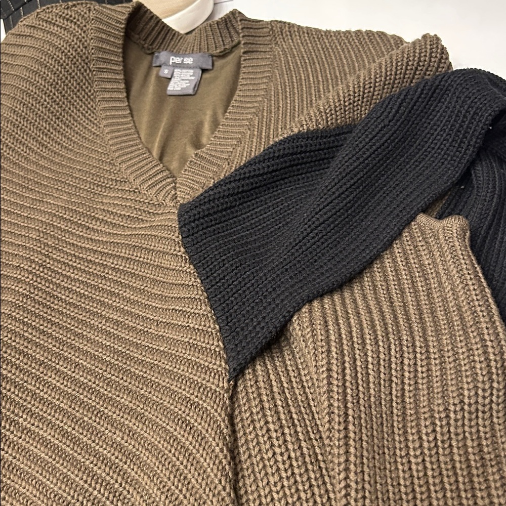 Per Se by Carlisle Asymmetrical Sweater Olive Black Ribbed Knit Size Small - Picture 3 of 6